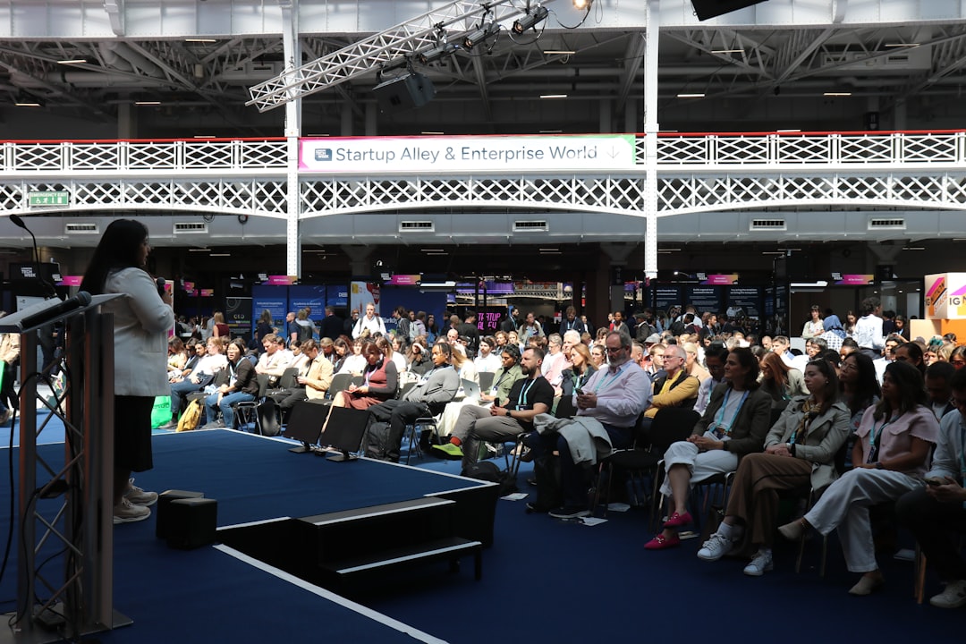 A startup founder presents to investors during an autumn accelerator demo day in London
